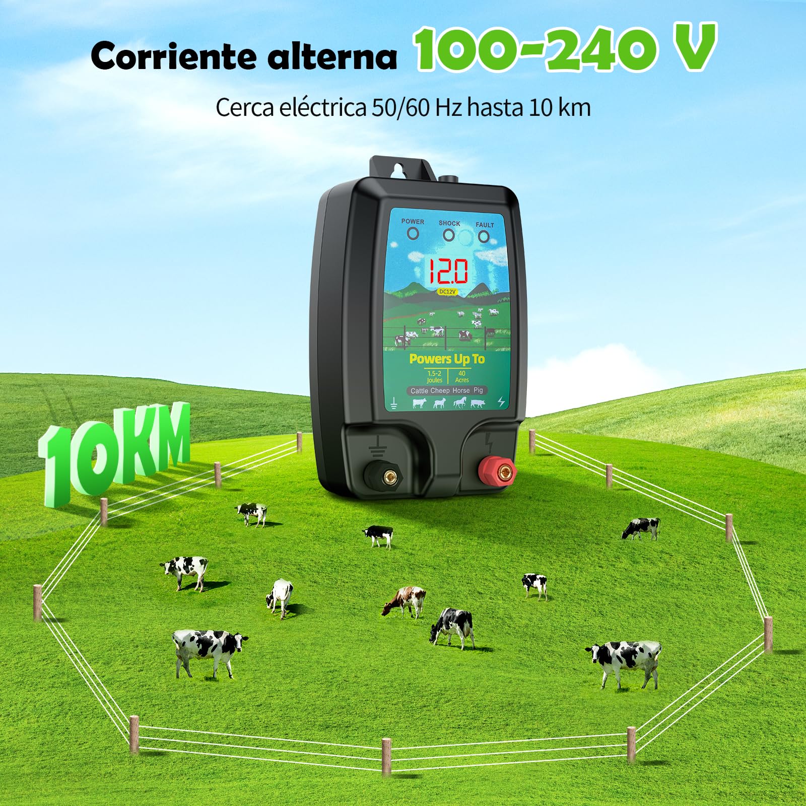 Valla eléctrica de 10 km de alta potencia para animales, electrificador 2J profesional con pantalla LCD, sistema impermeable resistente para granja, jardín y pasto