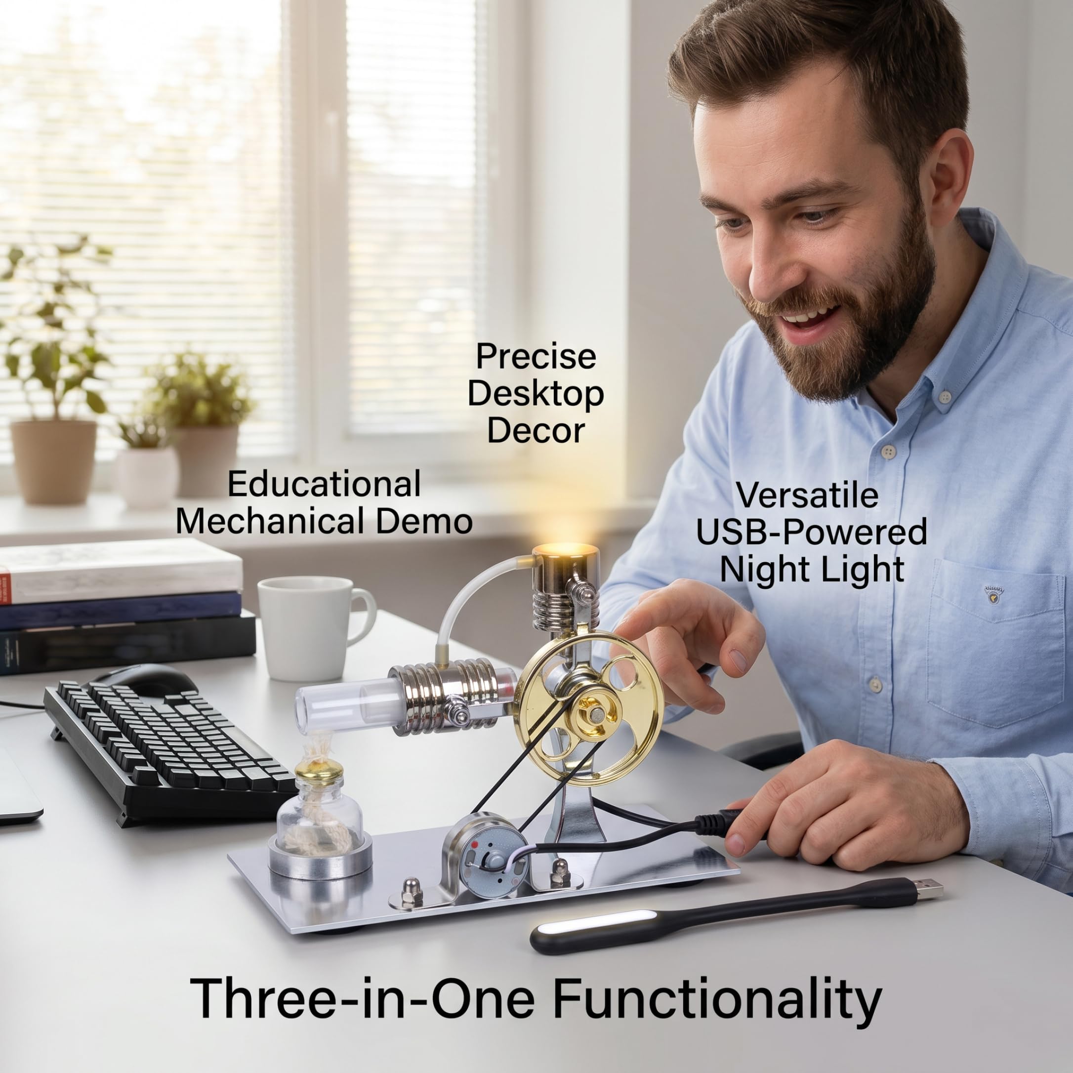 Motor Stirling, generador de motor Stirling en forma de L de metal, modelo de generador de energía con puerto USB y luz nocturna, experimento físico presente para entusiastas de la tecnología y niños