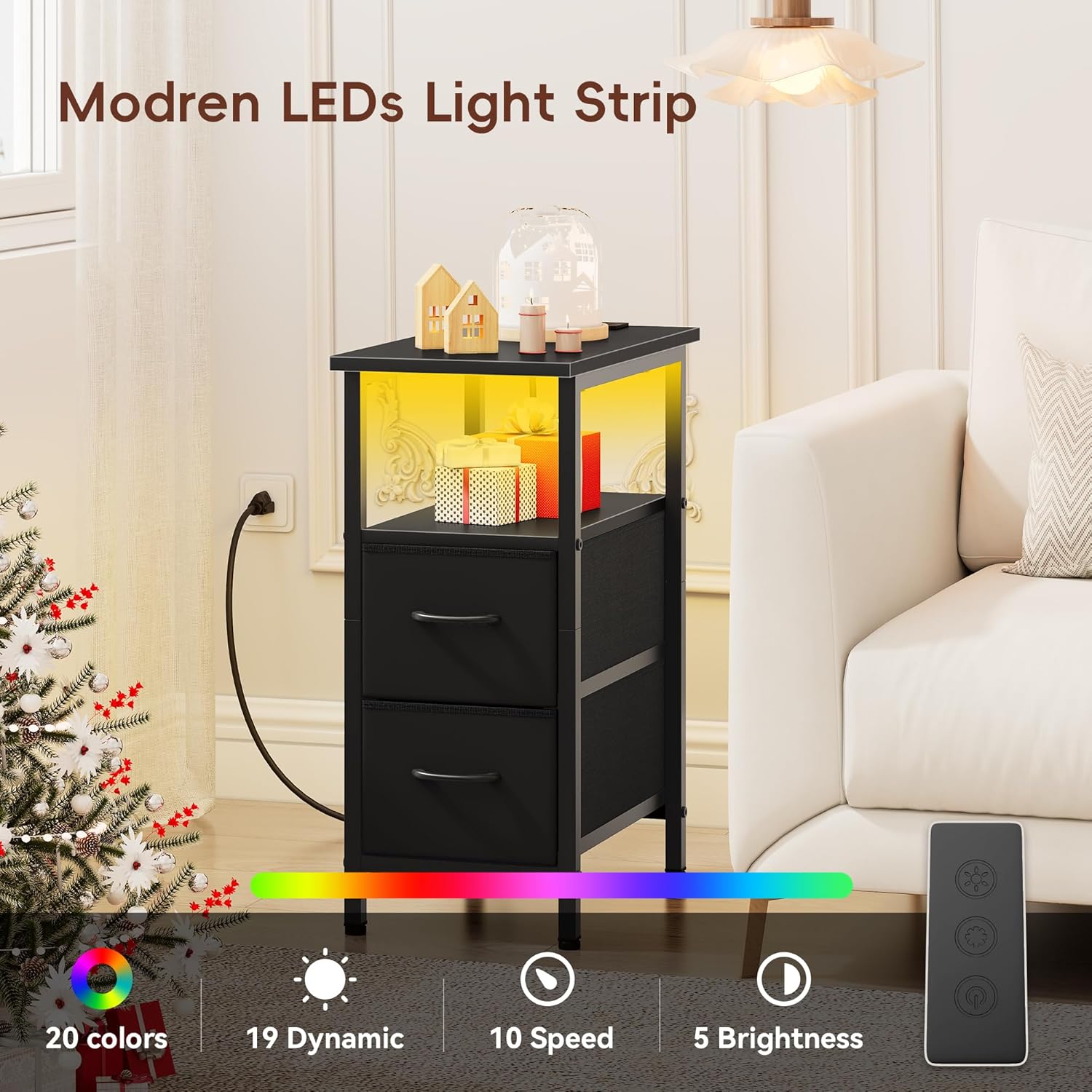 Vagusicc Set of 2 Black Nightstand with Charging Station and LED Lights, Narrow Side Table, LED Night Stand with 2 Fabric Drawers, Bedside Table Small End Table, Tall Nightstand for Bedroom, Black