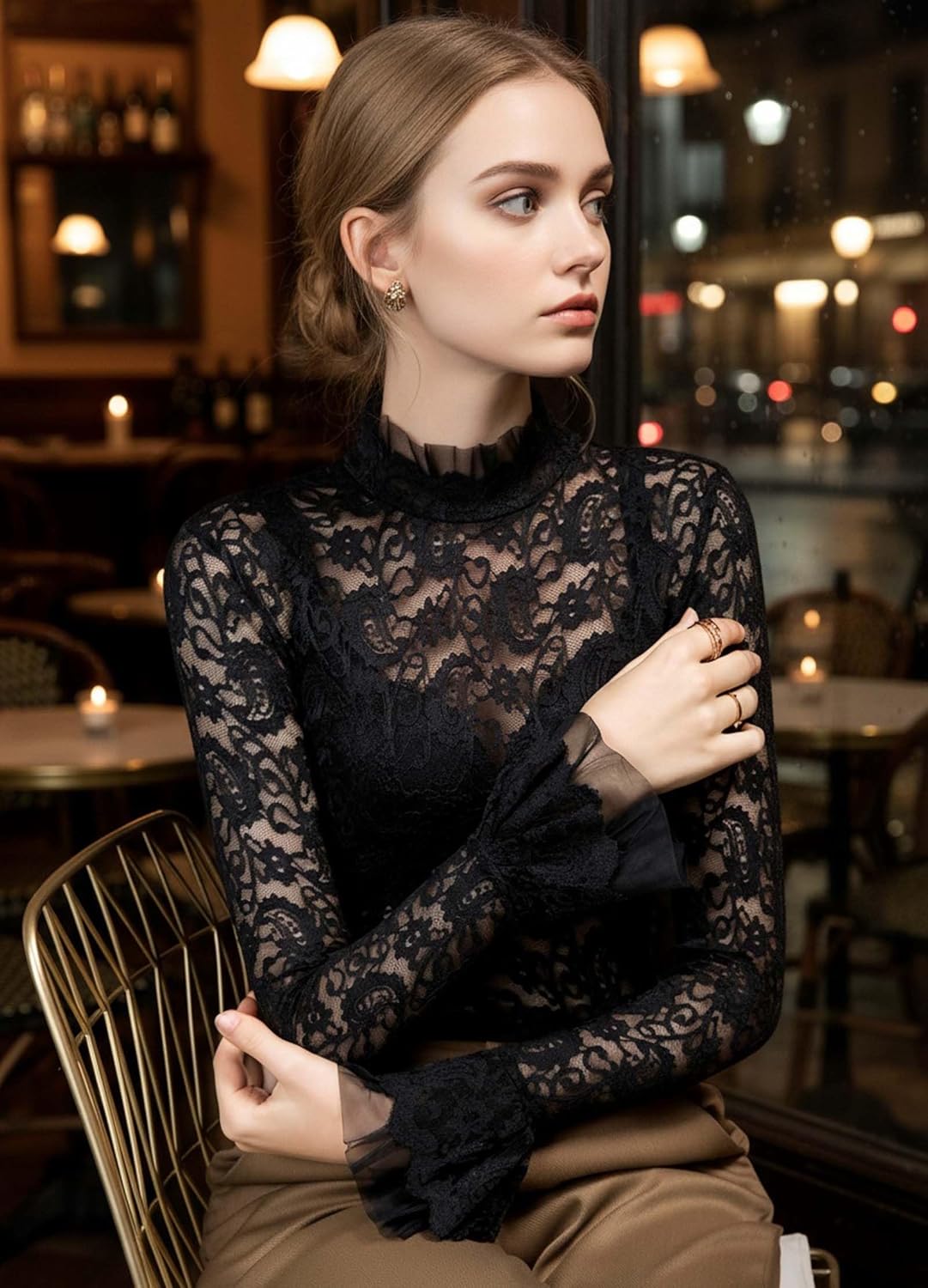 METWAY Lace Top for Women Long Sleeve Lace Shirt Sheer Turtleneck Ruffle Floral Mesh Undershirt Going Out Sexy Blouse - Image 3