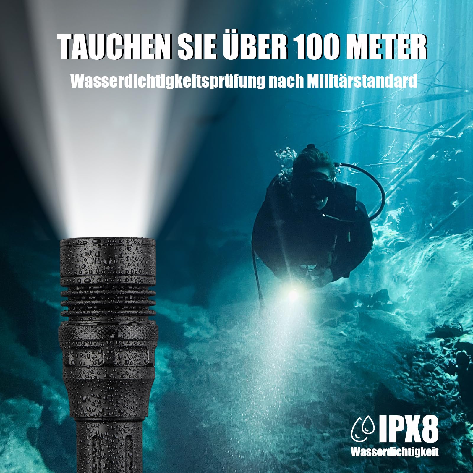 ULTRAFIRE 3350 Lumen Wiederaufladbare Tauchlampe Unterwasser Taschenlampe, 3 Modi Taucher Taschenlampe mit Magnetische Drehschalter, IPX8 Wasserdicht, Eingebauter USB-C-Ladeanschluss, UF-DIV13S