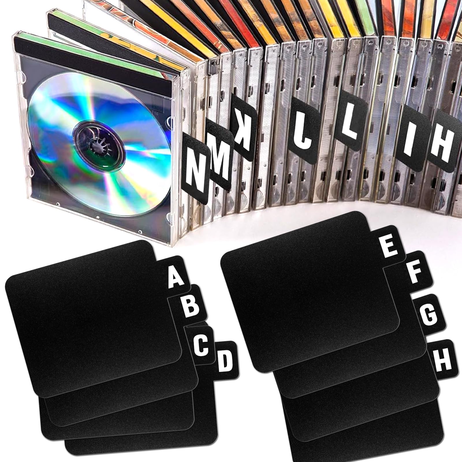 26 divisori per CD e DVD con linguette alfabetiche nere dalla A alla Z, in vinile, con etichette adesive, pennarelli, organizer, organizer per scheda, scheda, album, file