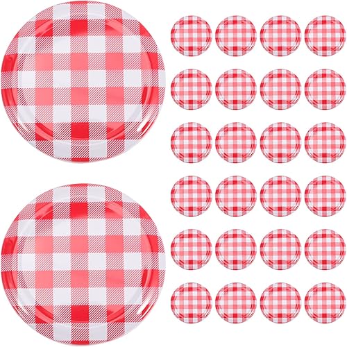 BESTonZON 40 tapas para frascos de boca ancha, color rojo y blanco, tapa de almacenamiento de frascos de hierro a cuadros, tapas de almacenamiento