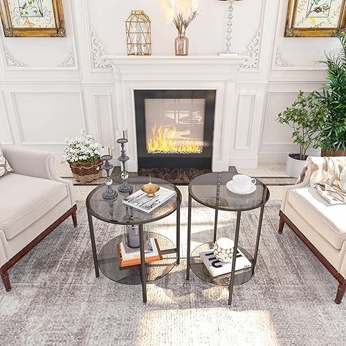 Miniatura 10 de Juego de mesa auxiliar de vidrio templado de 2 niveles, mesa de noche redonda de 20 pulgadas de alto, color gris