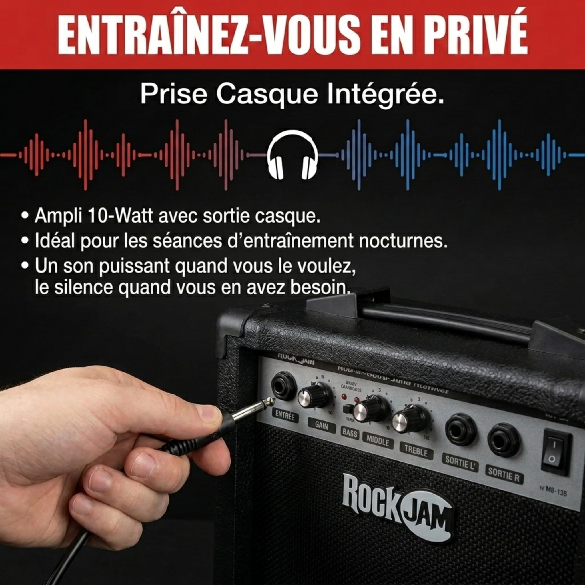 RockJam Kit Guitare Électrique Taille Standard pour Débutants, Noir, 6 Cordes avec Ampli 10 W, Housse, Sangle, Câble, Médiators et Vibrato