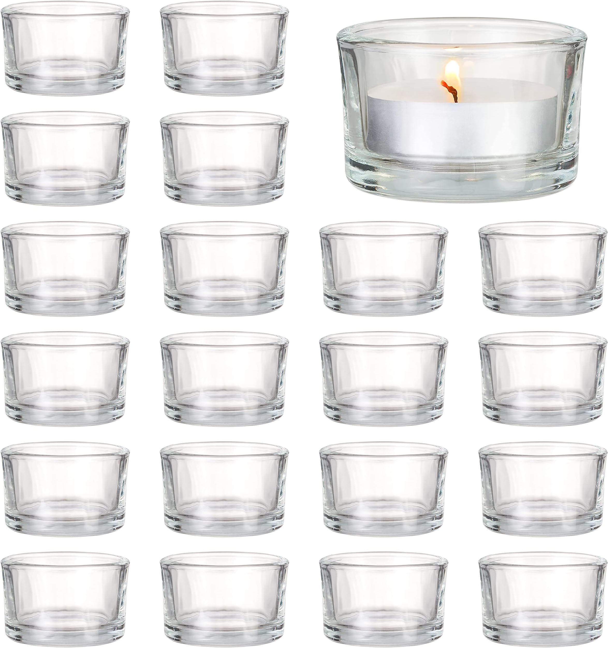 MATANA - 24 Tea Light Candle Holders Elegant Clear Glass, 5 x 3 cm for Candles, Votive Tealight Holders for Decoration, Restaurant, Celebrations Engagement, Wedding, Anniversary - Holder Tea Lights