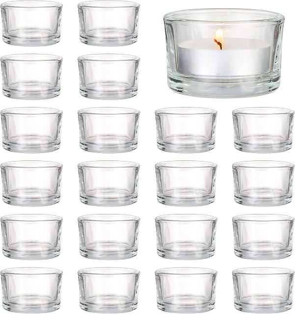 MATANA - 24 Pieces Clear Glass Tea Light Candle Holders for Valentines Romantic Dinner Wedding Anniversary Birthday Party Decorations, 5cm