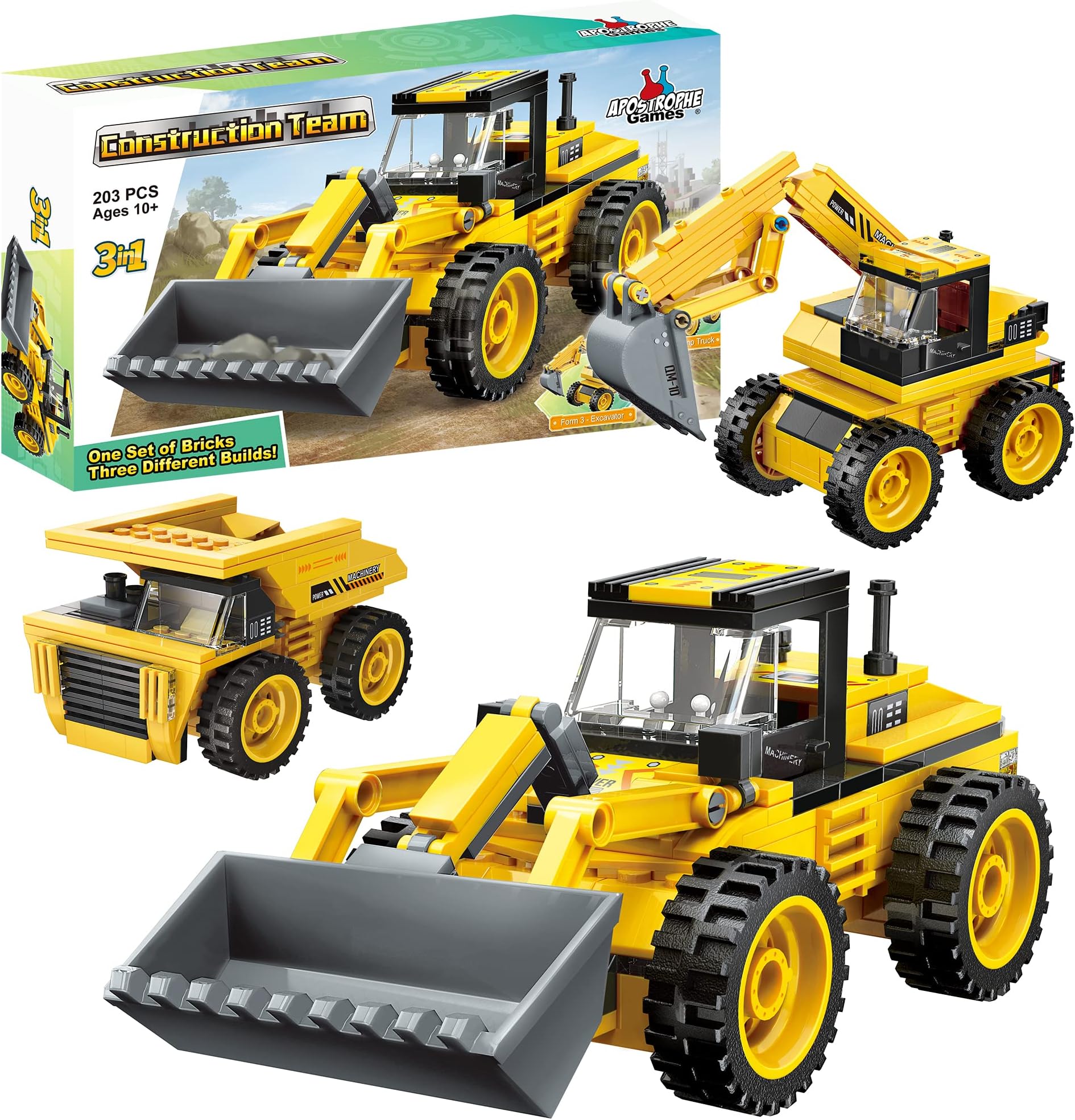 APOSTROPHE Games3 in 1 Construction Team Building Block Set (203 Pieces) Build a Loader, Dump Truck or Excavator, for Kids and Adults