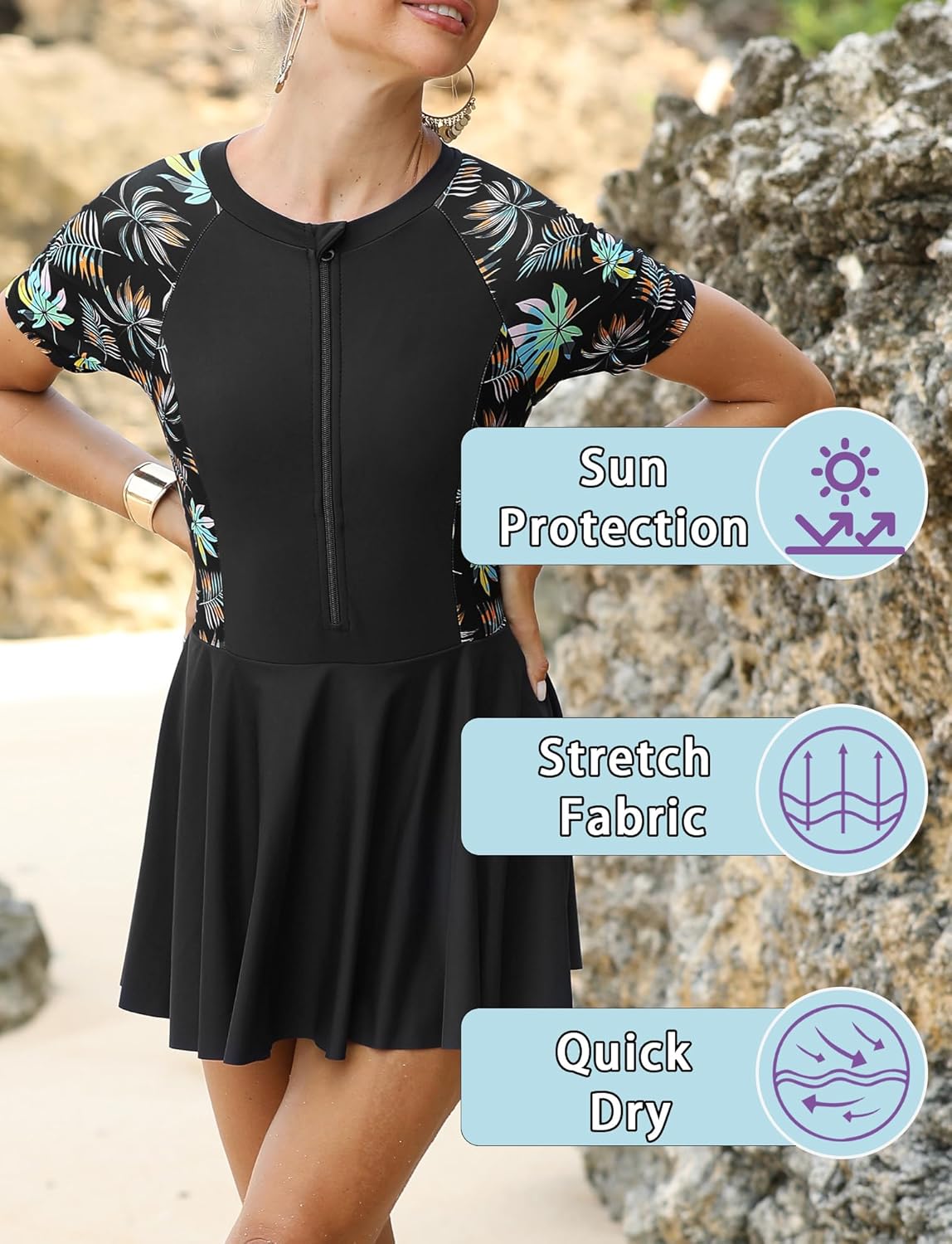 FEOYA Women's Short Sleeve Swimsuits Swim Dress 50+ UPF Rash Guard Modest One Piece Swimwear with Skirt Bathing Suit - Image 4