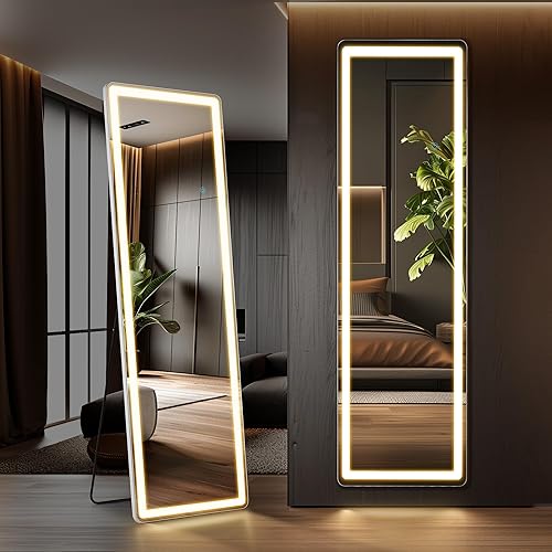 DUMOS 16"×60" Full Length Mirror with Light, LED Floor Full Body Mirror with 3 Color Lighting, Wall Mounted Stand Mirror for Bedroom, Dressing Room, Living Room, Bathroom