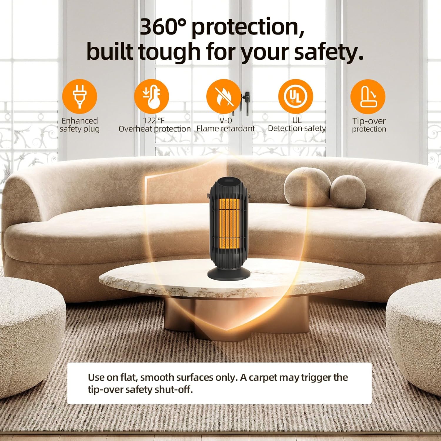 Space Heater 1500W with Remote Control, 7H Timer & 3 Modes, Overheat and Tip-Over Protection, Portable Electric Heater for Indoor Use with Carry Handle, Home, Office, Bedroom, Desk, Black