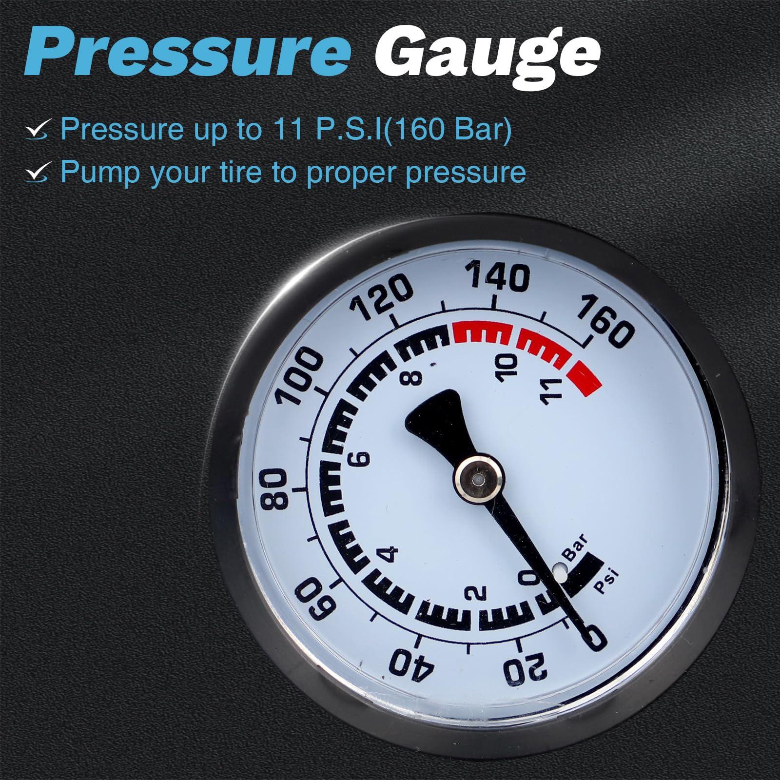 Pompe à pied professionnelle pour vélo avec jauge | Valve Presta et Schrader | pour pneus standard et sans chambre à air | Haute pression 160 PSI | Corps en acier à haute teneur en carbone et