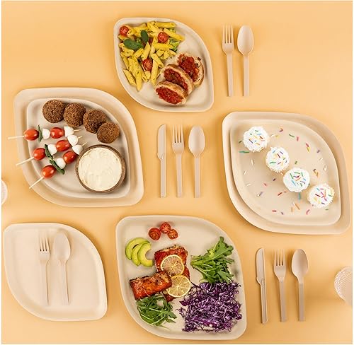 Miniatura 2 de Pickytarian Dinnerware Fancy Sturdy Compostable Tableware Set with Plates Forks Spoons Knives - Made from Bamboo and Sugarcane - All-In-One for
