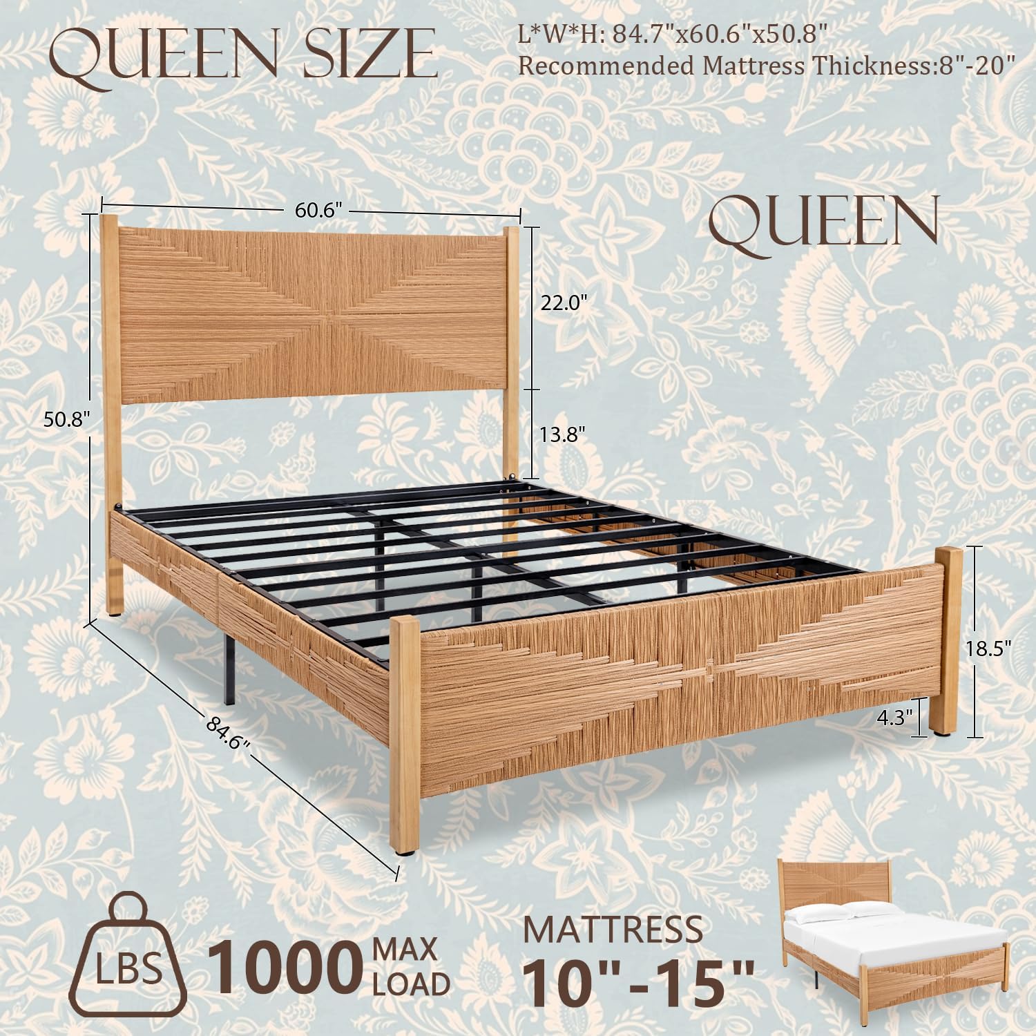 Brafab Queen Size Rattan Bed Frame, Boho Bed Frame with Hand Woven Wicker Headboard & Footboard, Solid Wood Posts and Feet, Metal Slat, No Box Spring Needed, Natural Oak