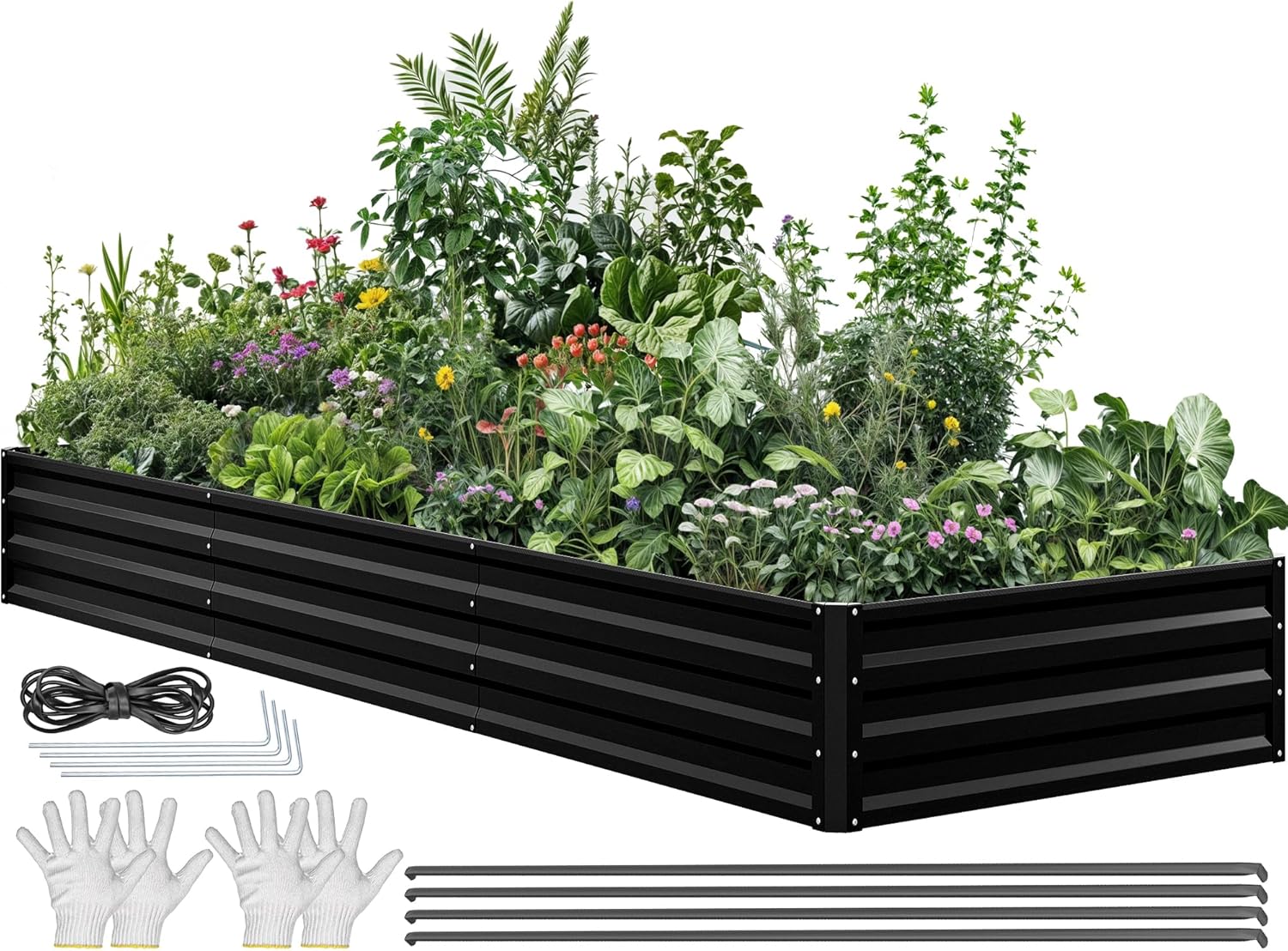 YITAHOME 144x48x12 in Galvanized Raised Garden Bed Kit, Large Metal Planter Box with Gloves, Black