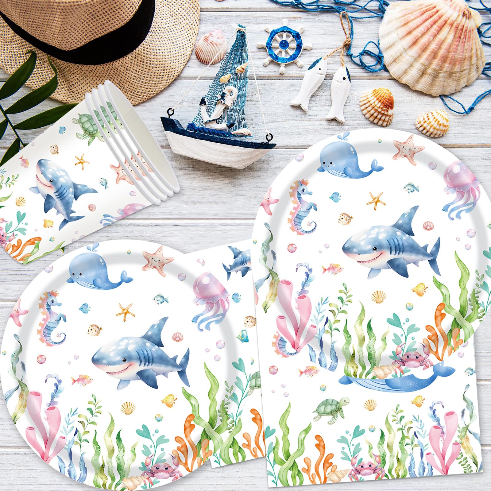 Doyomtoy 68 stuks oceanen-decoratie voor verjaardag, feestservies met borden, kopjes, servetten, tafelkleed en ballonnen