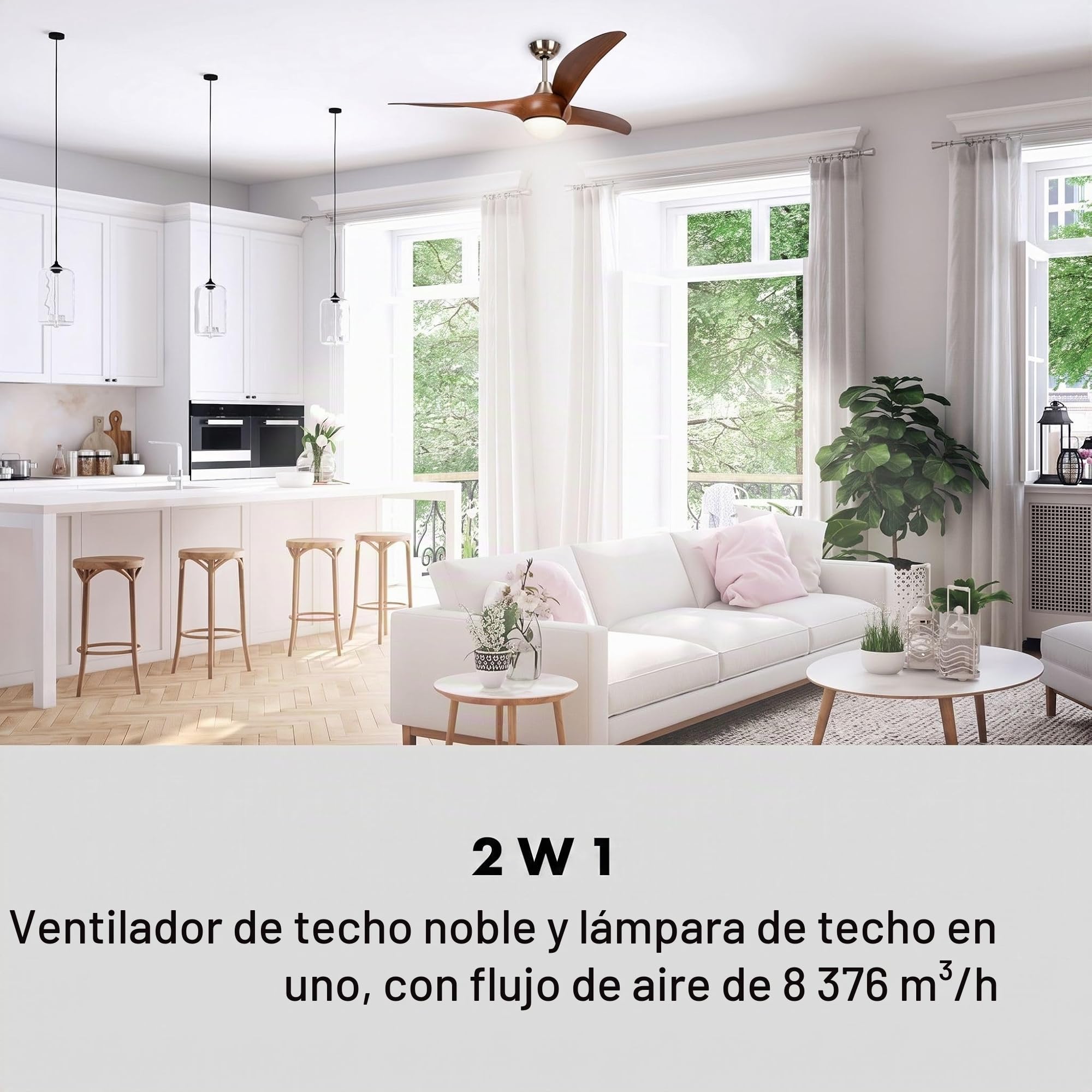 KLARSTEIN Monteverde ventilador de techo, 2 en 1: Ventilador y lámpara de techo, 52" (132 cm) de diámetro, 3 aspas de plástico, caudal: 8.376 m³/h, programable, Nogal
