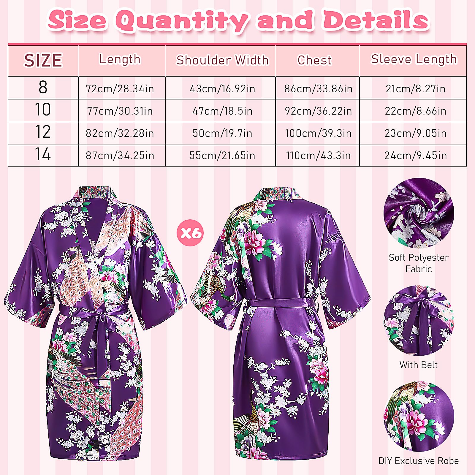 Peignoir, ensemble de fête spa pour filles – Comprend 6 peignoirs, 6 masques pour les yeux, 6 bandeaux, 6 sacs fourre-tout (style violet, taille étiquette 12), violet, 150