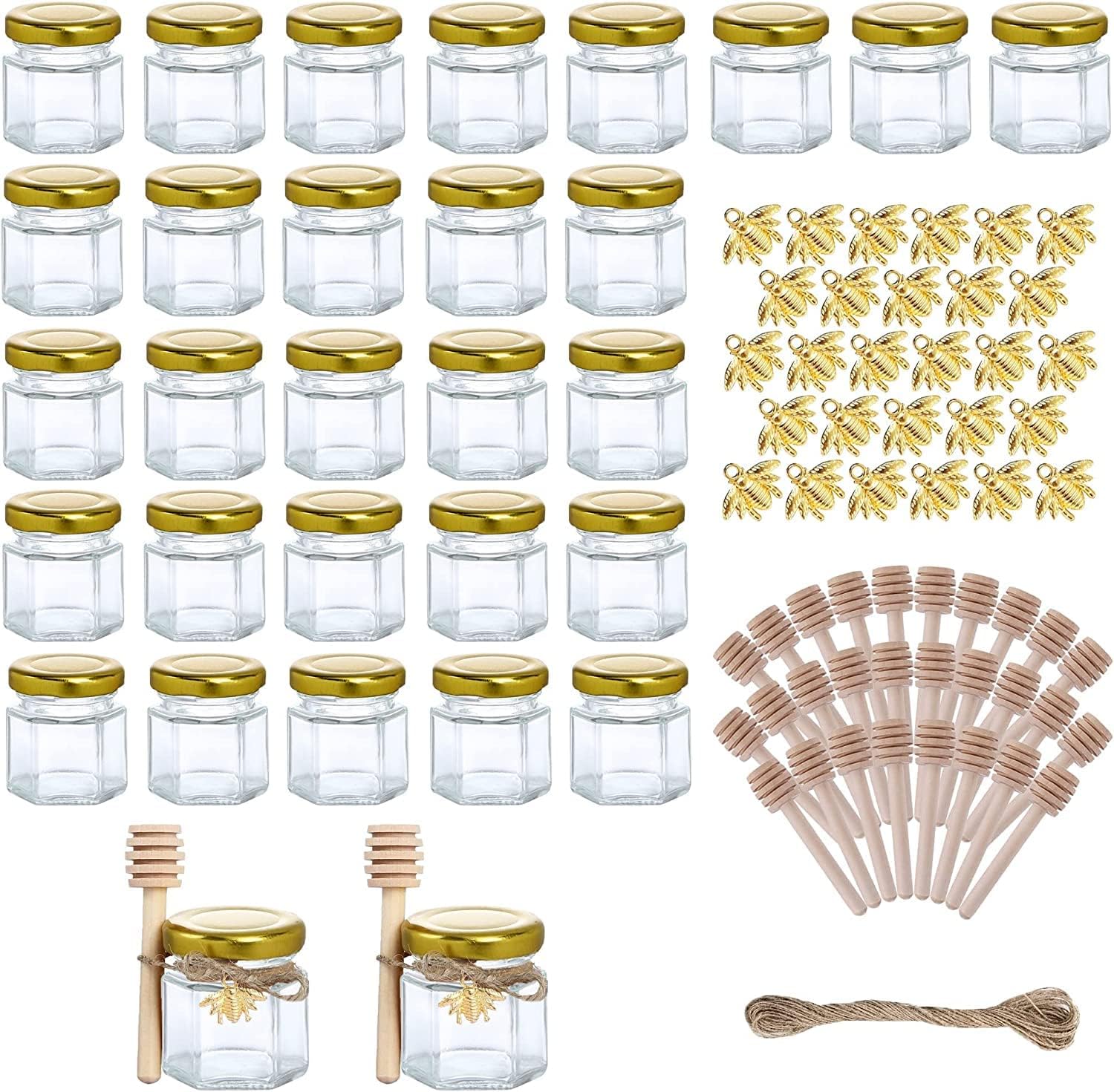 – Mini Glass Honey jars-1.5 oz, 30 pcs Hexagon Honey Jars with Wooden Dipper, Gold Lid, Bee Pendant, Rope-20m Mini Honey Jars, Perfect for Wedding, Party Favors, Shower Favors, Canning