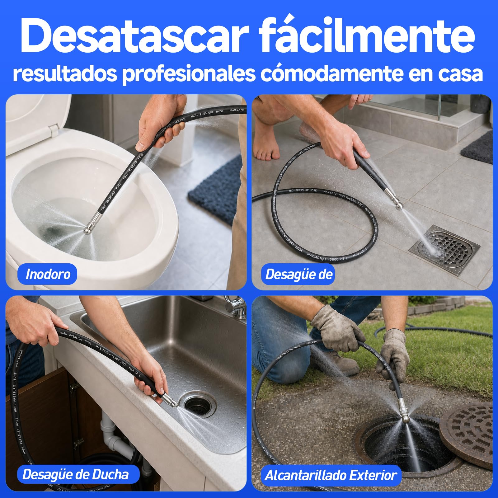 10M Kit de Desatascador Tuberias a Presion con Boquillas Rotativa, Manguera de Limpieza Profesional de Tuberías para Hidrolavadora, Aparato para Karcher Serie K2 K3 K4 K5 K6 K7, Bosch AQT, Lavor