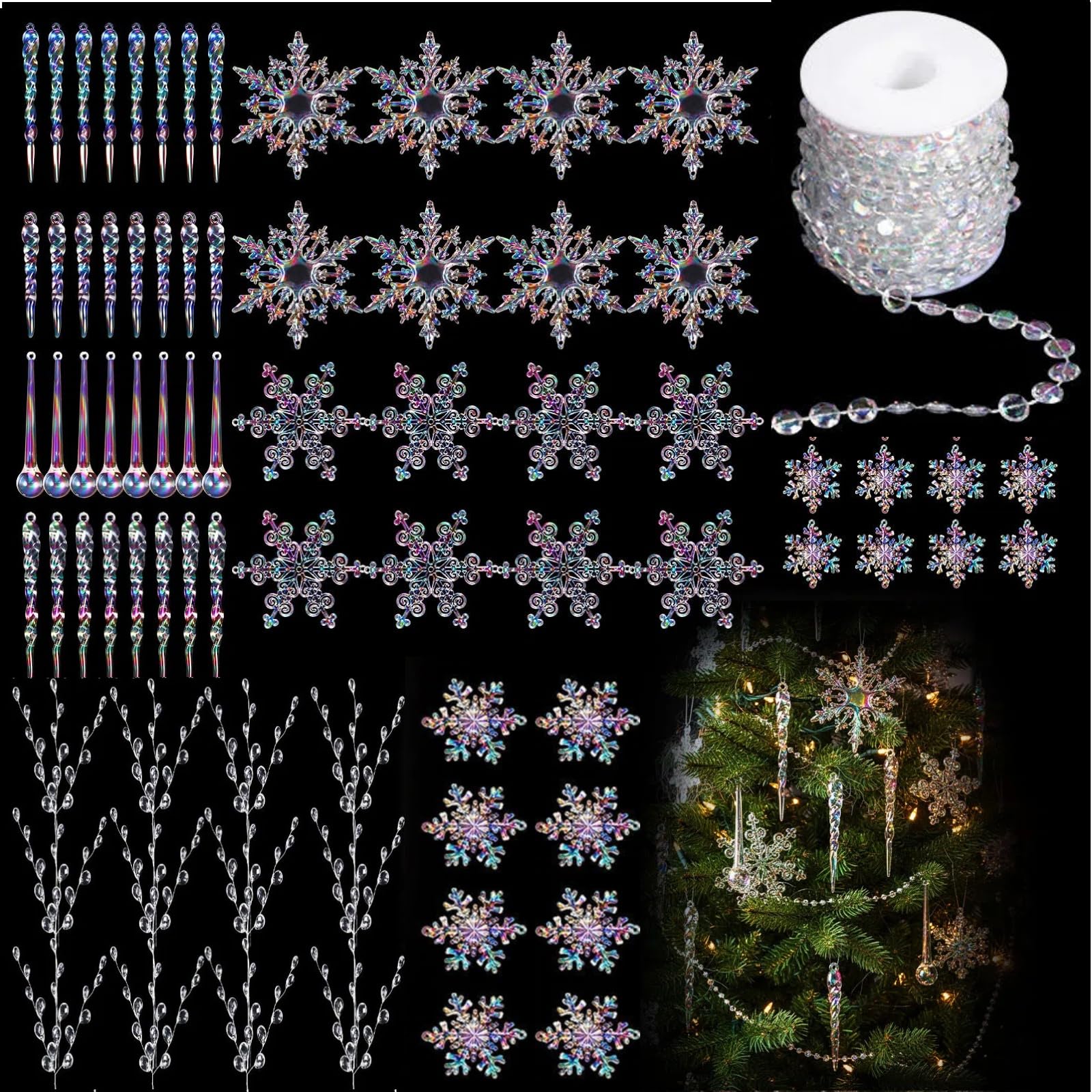 Chunful 70 adornos de Navidad iridiscentes de cristal para decoración de árbol, 8 estilos colgantes de acrílico transparente, colgantes de carámbano, cadena de guirnalda de cuentas de 33 pies para