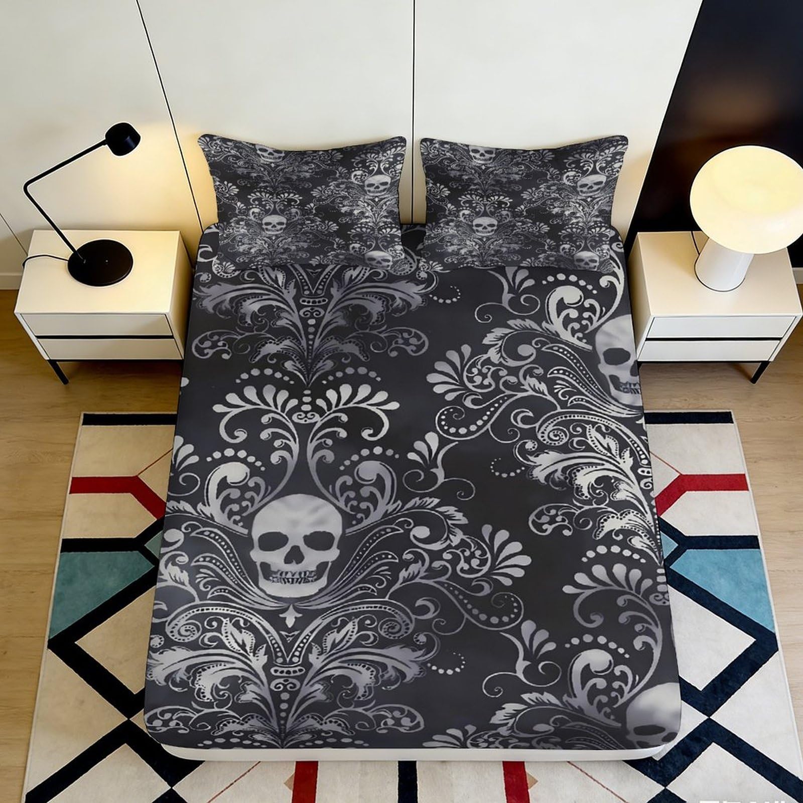 3D Printed Gothic Skull Pattern Fitted Sheet Microfiber Durable Soft 3D Printed Damask Mattress Cover for Bedroom Dormitory Guest Room Protection 200x200x25cm