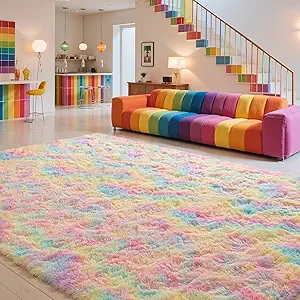 Zentavio Unicorn Rugs for Girls Room 9x12 Area Rugs for Living Room Carpet for Bedroom Washable Soft Fluffy Shag Aesthetic Plush High Pile Rug for Nursery Kids Room Dorm Room Rainbow