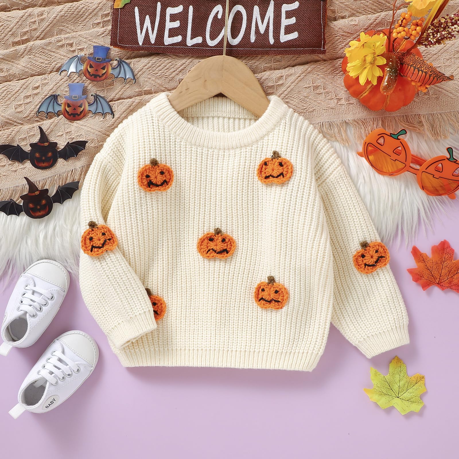 Jersey unisex de Halloween para bebé, manga larga, cuello redondo, calabaza, letra, bordado, jersey de punto para bebé, Halloween, fantasma, calabaza