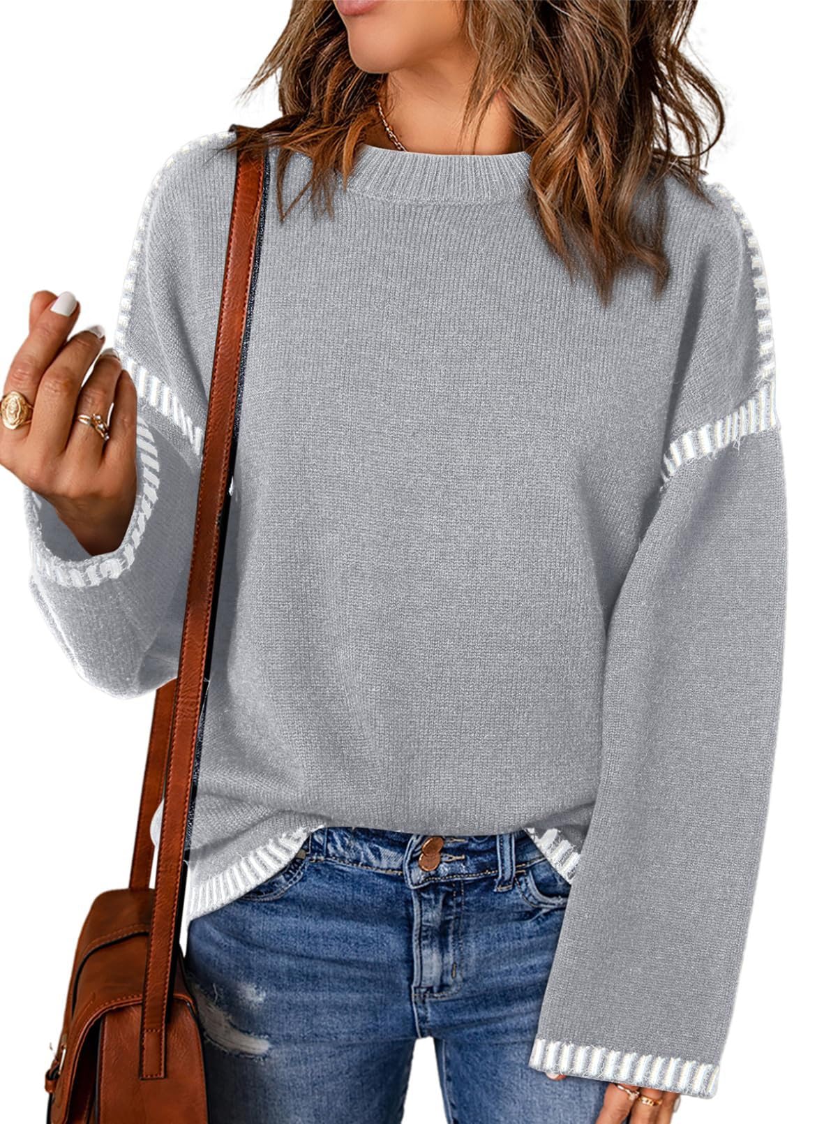 PADOLAWomen's Jumpers Knitted Long Sleeve Tops Stripes at Seams Round Neck Sweater Autumn and Winter
