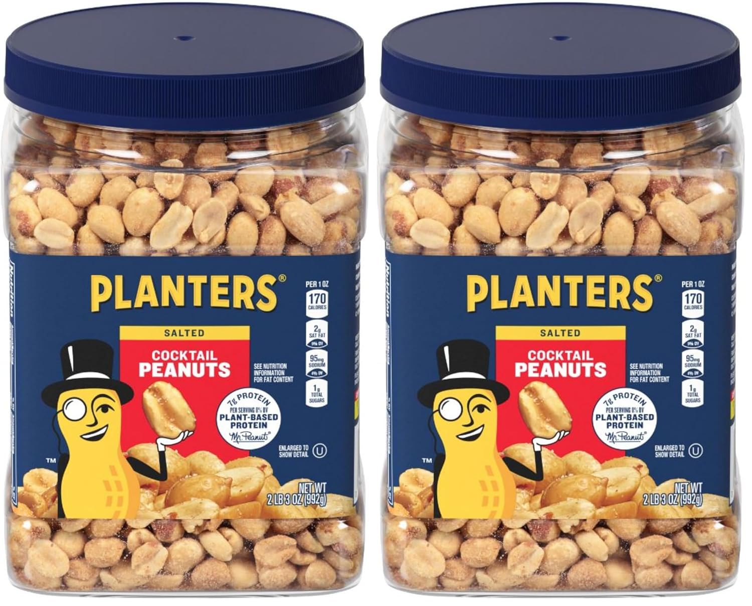 PLANTERS Salted Peanuts Cocktail, Party Snack, Plant-Based Protein, After School Snack, Roasted in Peanut Oil, Salted Nuts, Snacks for Adults, Bulk Nuts, Kosher, 2.19lb Jar (Pack of 2)