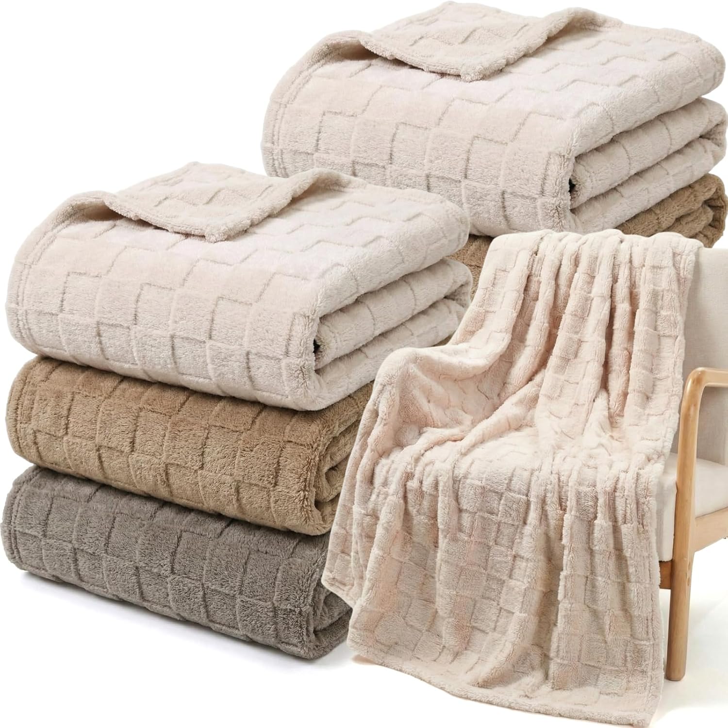 Buryeah 6 Pack Fleece Throw Blankets Bulk, 50 x 60 Inches Soft 3D Checkered Flannel Blankets Warm Sleepover for Couch Sofa Bed (Neutral Colors)