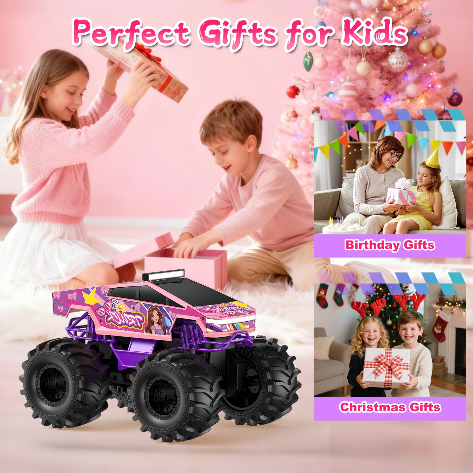 Amphibious Remote Control Car, 1:18 Pink Monster Truck Toys for Girls RC Cars, 2.4 GHz Waterproof RC Trucks, 4WD All Terrain Off-Road Pickup, Girls Christmas Birthday Gifts Presents Kids Toys Ages 6+