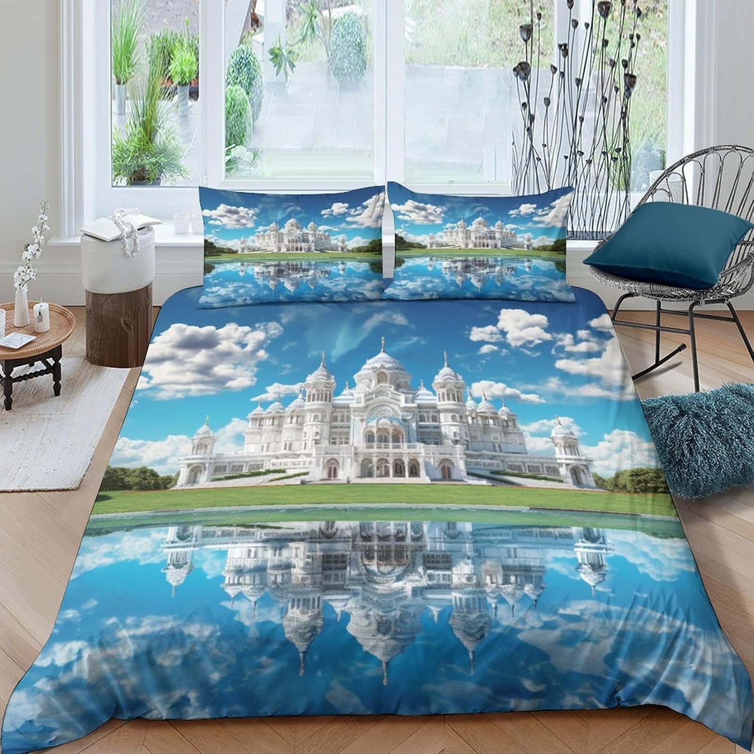Housse de couette 260x240 cm architecture château avec taies d'oreiller en microfibre