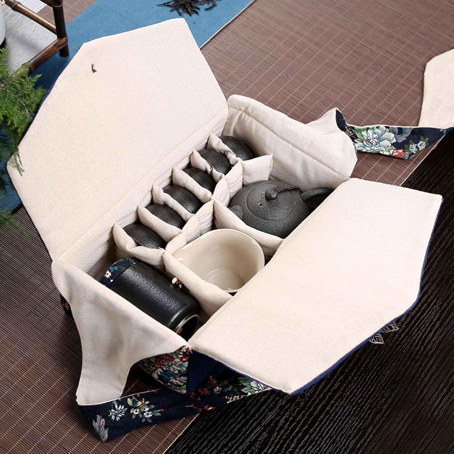Cotton Linen Tea Set Storage Bag - Portable Travel Case with Lattice Divider for Teapot & Teacups, Handmade Retro Handbag for Outdoor Tea Ceremony(A)