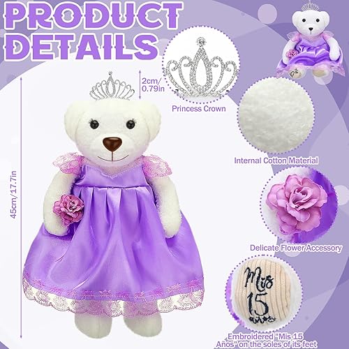 Miniatura 3 de Oso de membrillo con vestido de 18 pulgadas, muñeca de quinceañera de peluche para 15 años con vestido centro de mesa para quinceañera de 15 años