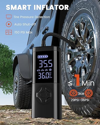 Miniatura 3 de TEMOLA Inflador de neumáticos, compresor de aire portátil, 150 PSI recargable de 2500 mAh* 2 infladores de neumáticos de batería, mini bomba de aire