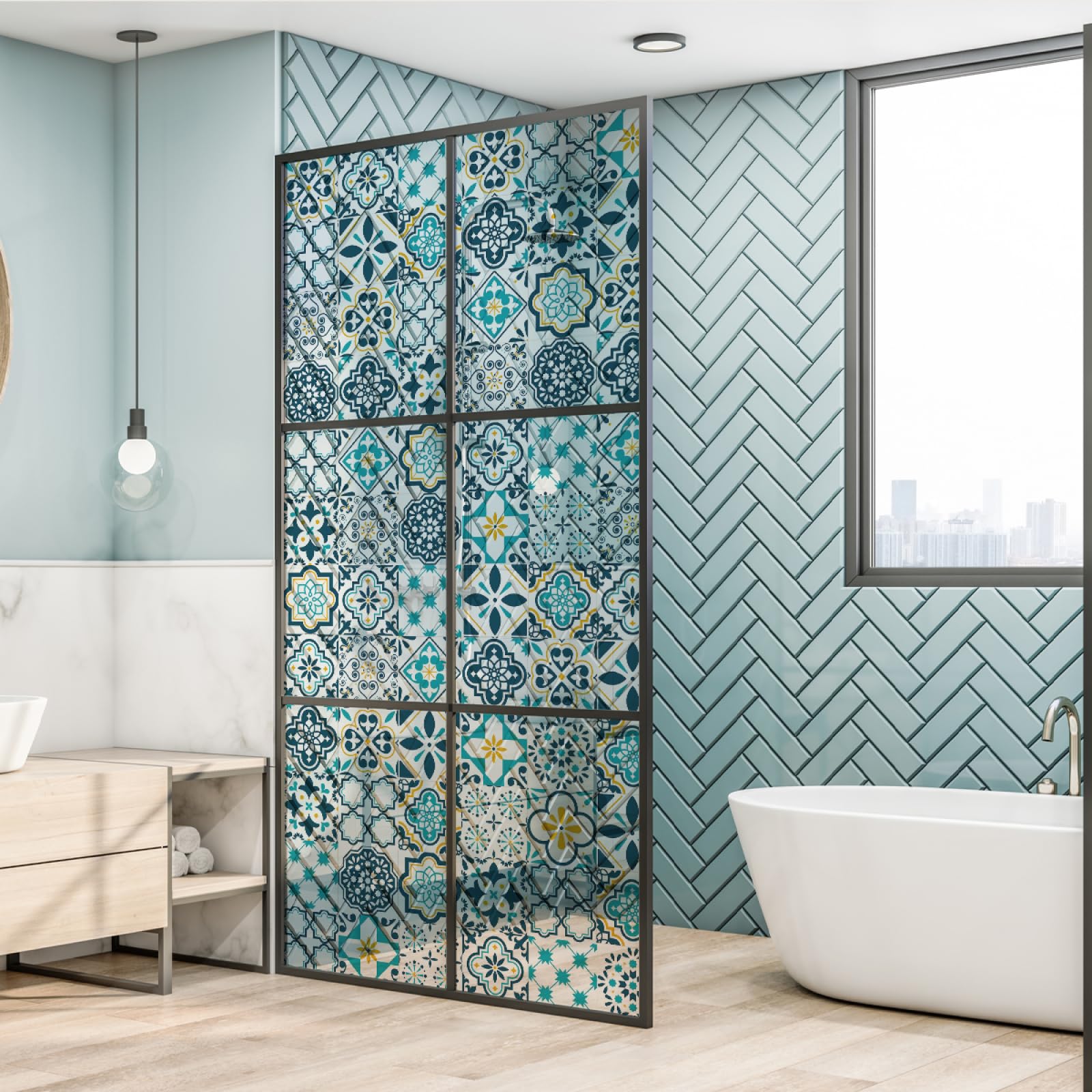 Láminas para Ventanas, Cortina de baño autoadhesiva con diseño geométrico unidireccional(30x120cm/1pcs)