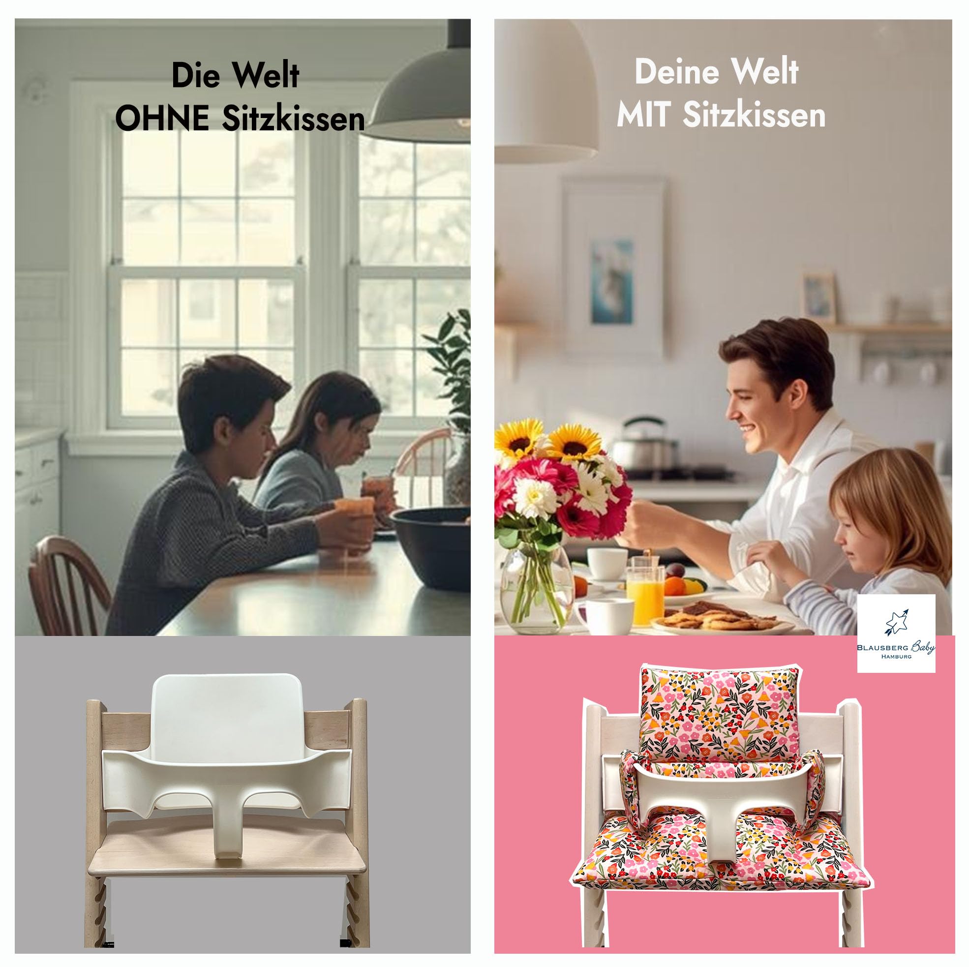 Blausberg Baby - Sitzkissen Set kompatibel mit Tripp Trapp® Stokke Hochstuhl Sitzkissen abwaschbar Oeko-Tex Baumwolle 6 cm Sitzpolster kompatibel mit Baby Set & Holzbügel & Tray Table - Flower Rosa