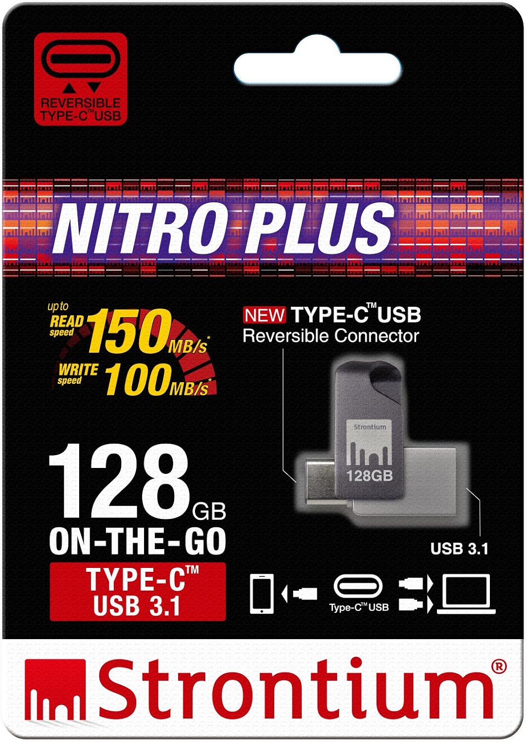 Strontium Nitro Plus 128GB Dual USB C 3.1 Metal Flash Pen Drive OTG Up to 150MB/s for Type C Ready Smartphones Tablets New MacBook (SR128GSLOTGCY)