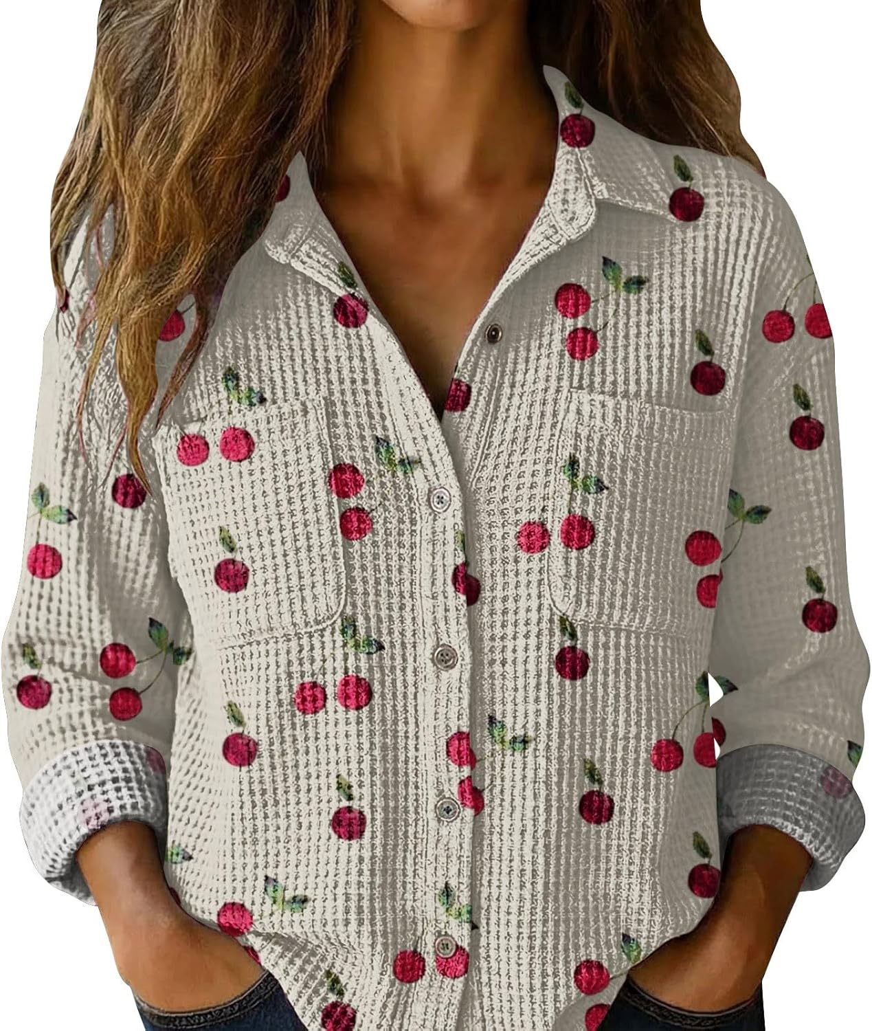 S-5XL Boho Button Shirts for Women Long Sleeve Womens Waffle Weave Blouses with Pockets Ladies Vintage Printed Tops - Image 4