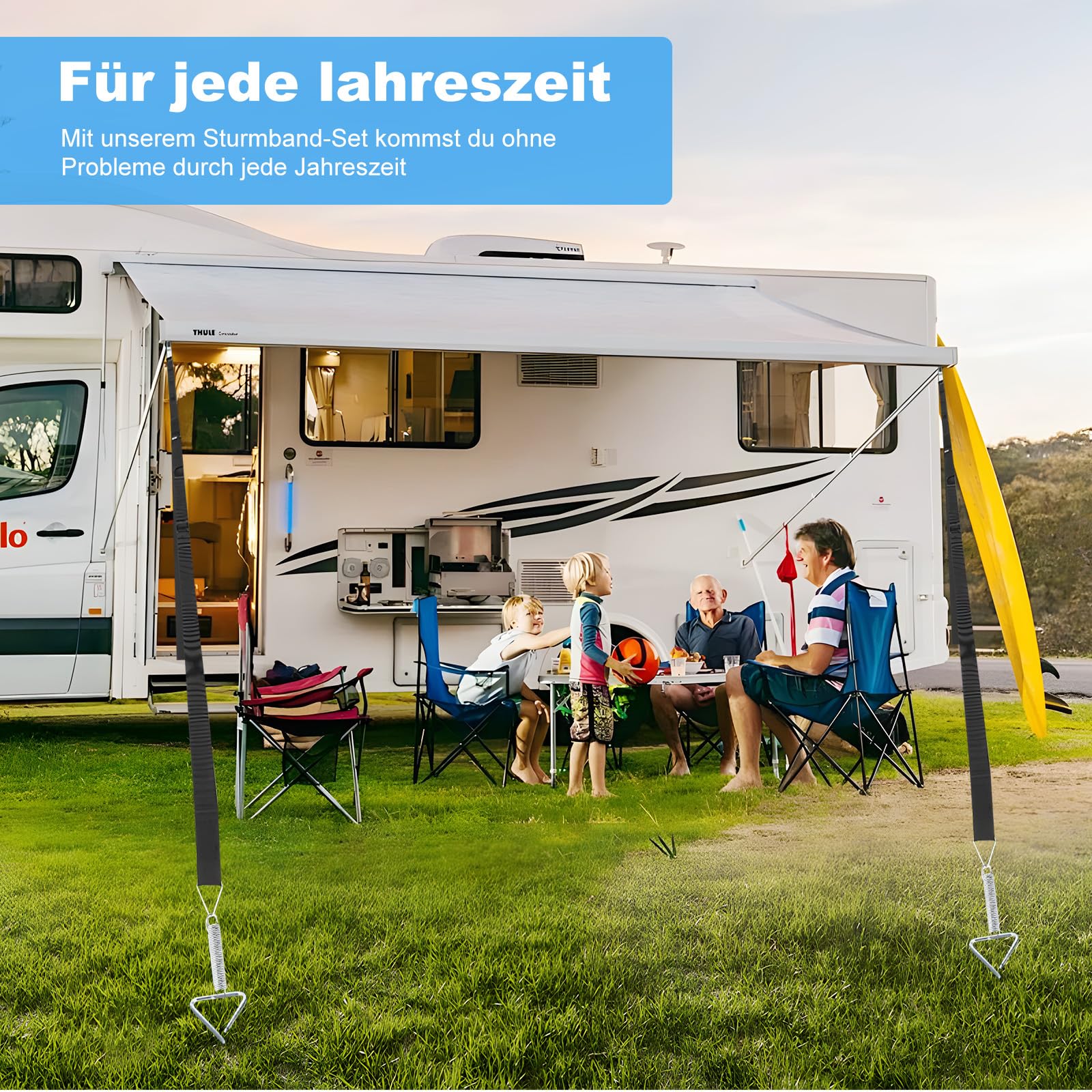 Sturmband Markise Set für Thule Omnistor, Sturmsicherung für Vorzelt und Zubehör Vorzeltsets Wohnmobil mit Camping Sturmbänder 2X Erdanker 2X Spanngurte 2X Feder 1X Tasche für Camping im Freien Auto &