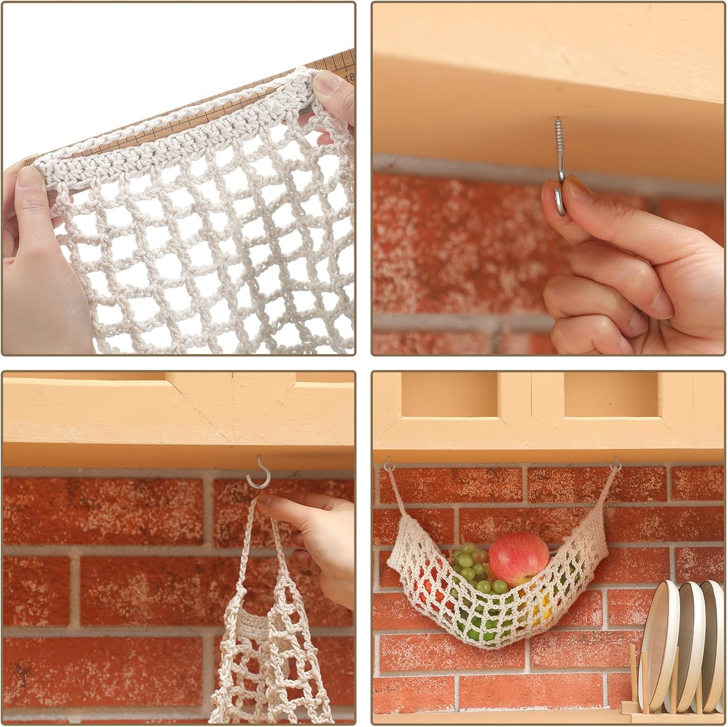 Preboun 6 Pcs Hanging Fruit Hammock for Kitchen Fruit Basket Under Cabinet