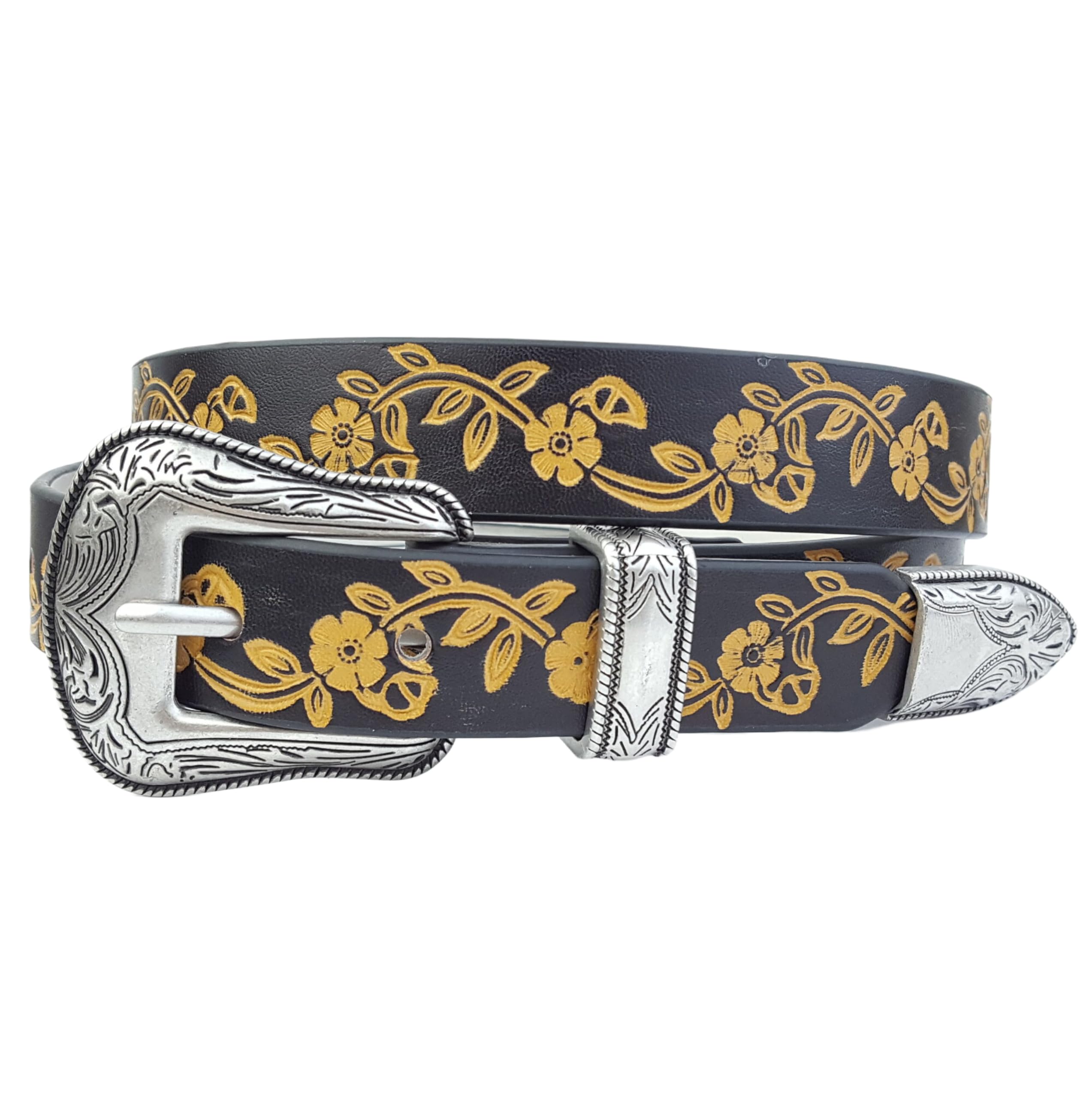 Axesoria Western-Inspired Buckle set w. hand-Painted floral tooled belt Black L/X