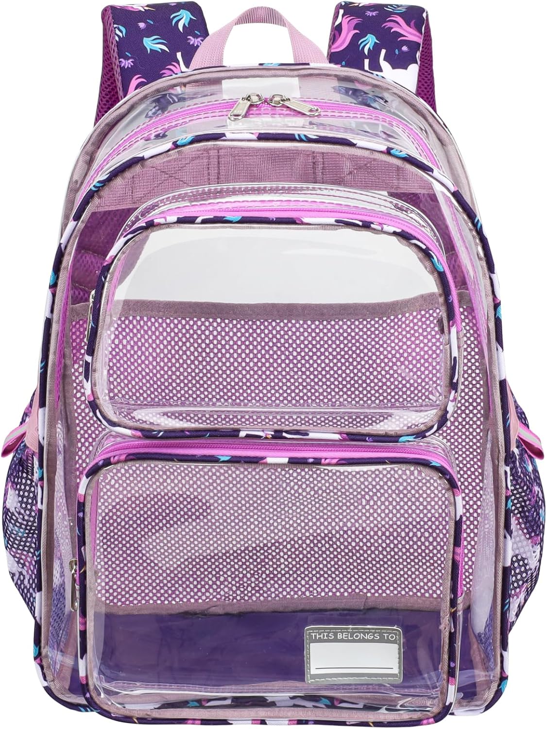 Clear Backpack for Girls, 15 Inch Heavy Duty Transparent Bookbag for Kindergarten to 2nd Grade, PVC See Through Daypack with Reflective Straps, Fits Standard Folders, Deep Purple Unicorn