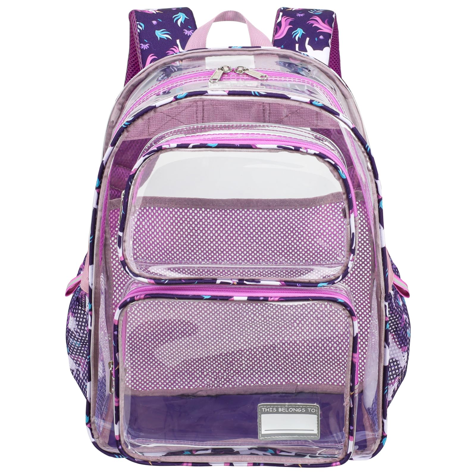 Clear Backpack for Girls, 15 Inch Heavy Duty Transparent Bookbag for Kindergarten to 2nd Grade, PVC See Through Daypack with Reflective Straps, Fits Standard Folders, Deep Purple Unicorn
