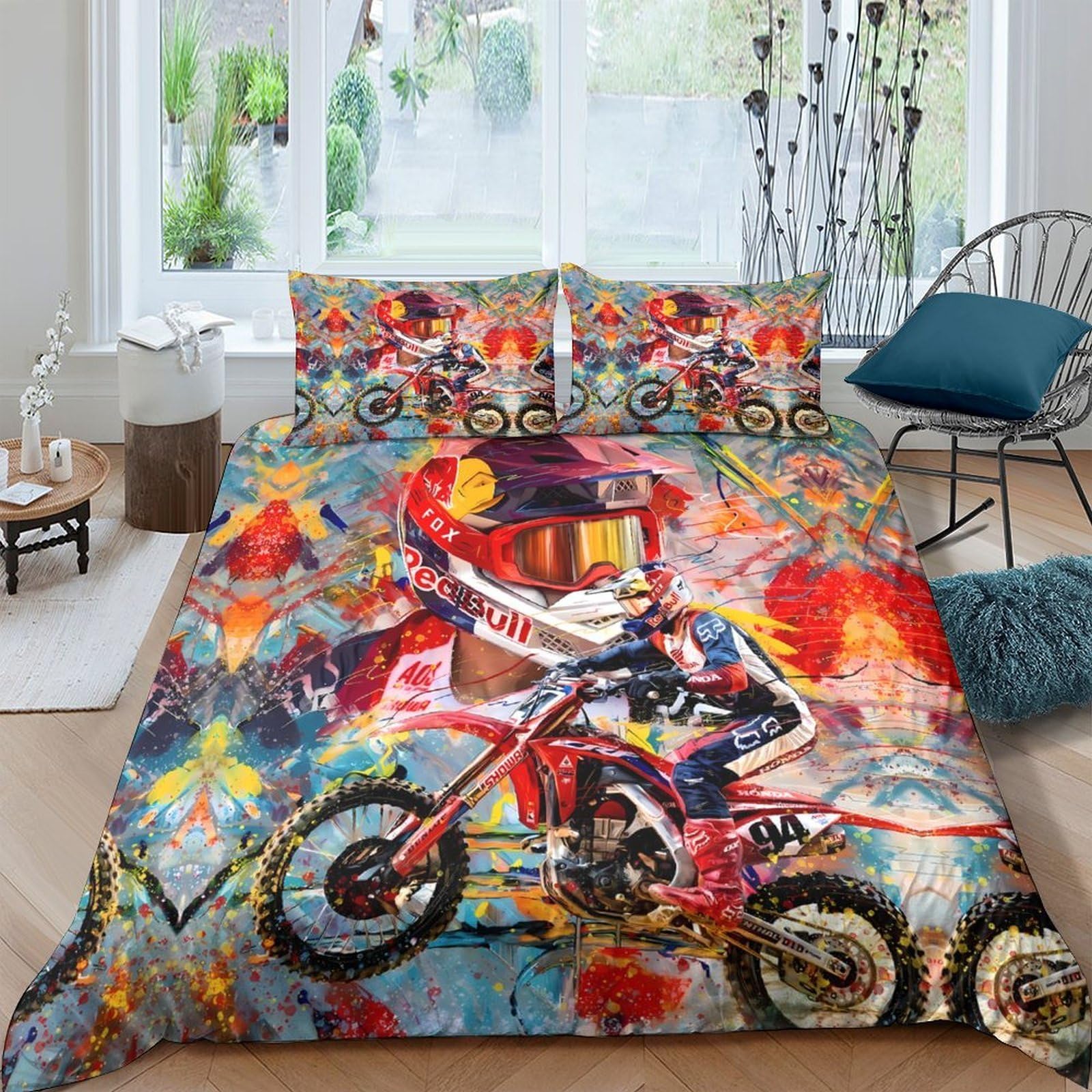 Ctjqhvkz Style-8 3D Printed Motocross Rider Fitted Sheet Microfiber Vibrant Graffiti Bed Cover Machine Washable For Adult Bedroom Decor Single（135X200cm）
