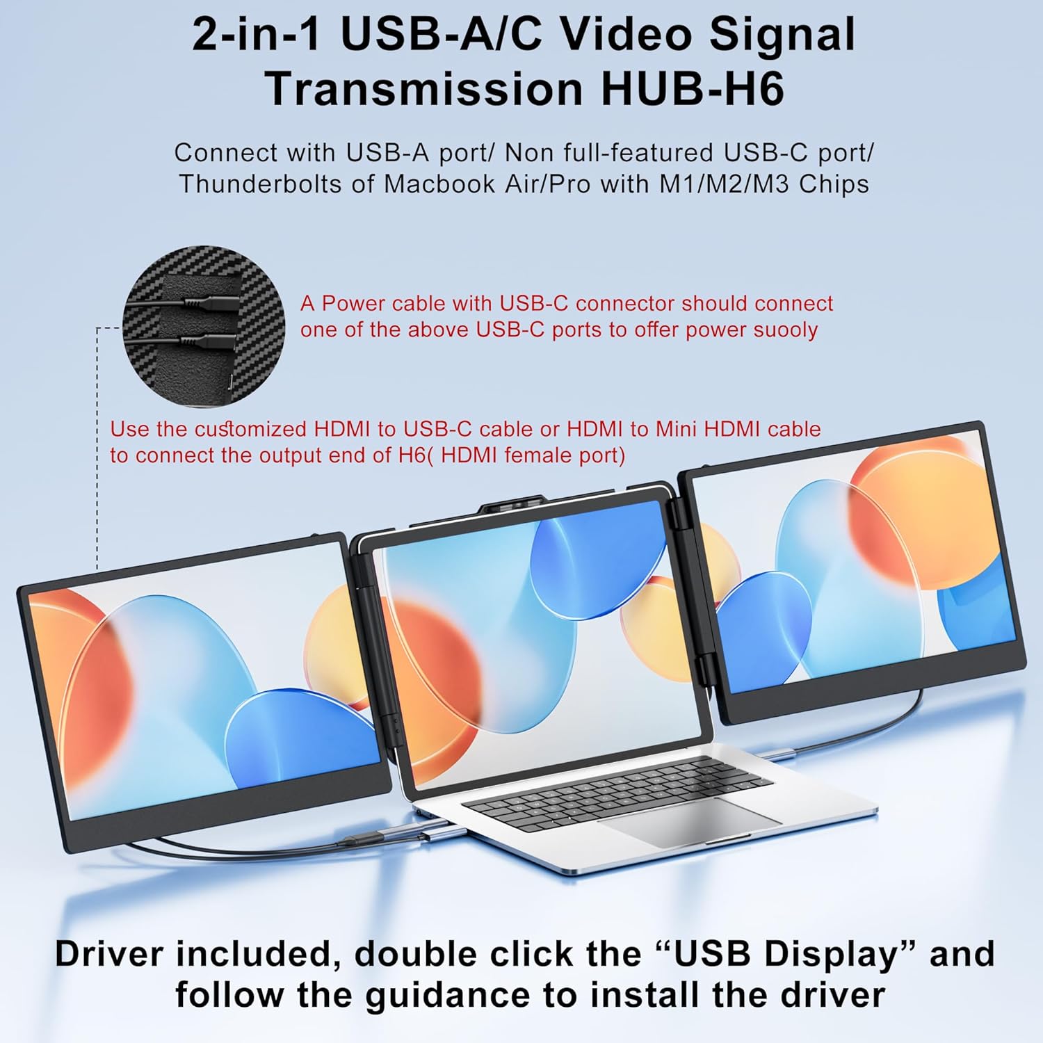 H6 Video Signal Conversion Hub for Laptop to Transmite Video Signal from USB-A/Non Full-Featured USB-C Port, M1/M2/M3 chip MacBook Pro/Air to High Definition Dispaly by HDMI Port (Driver Needed)