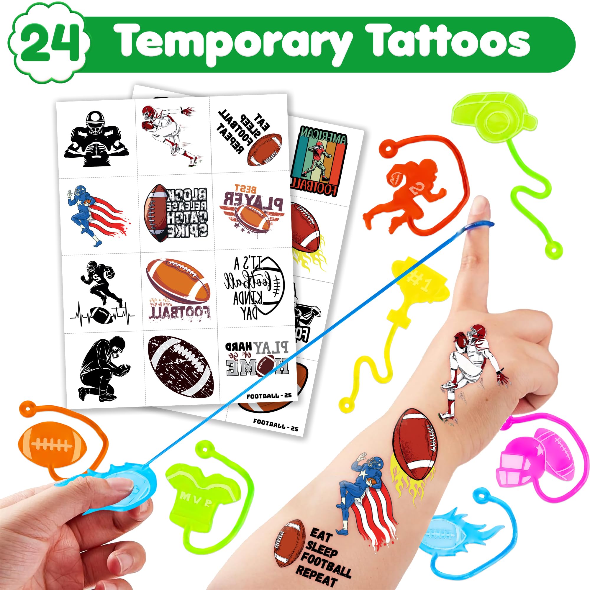 48PCS Football Party Favors - 24PCS Football Temporary Tattoos & 24PCS Football Sticky Hands - Perfect Birthday Favors, Goodie Bag Stuffers, Treasure Box Toys, Classroom Prizes, and Student Gifts