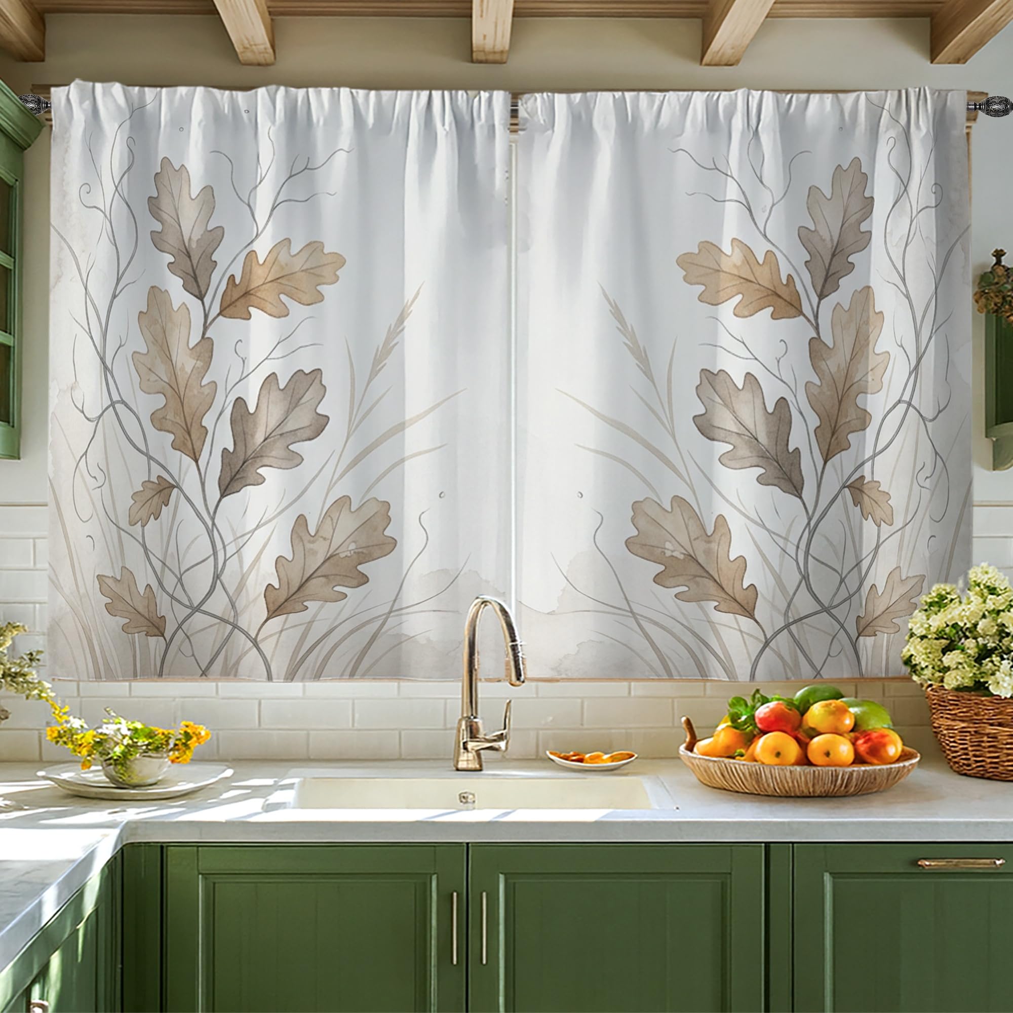 Rideaux de cuisine de haute qualité imprimé feuilles de chêne 106x114cm
