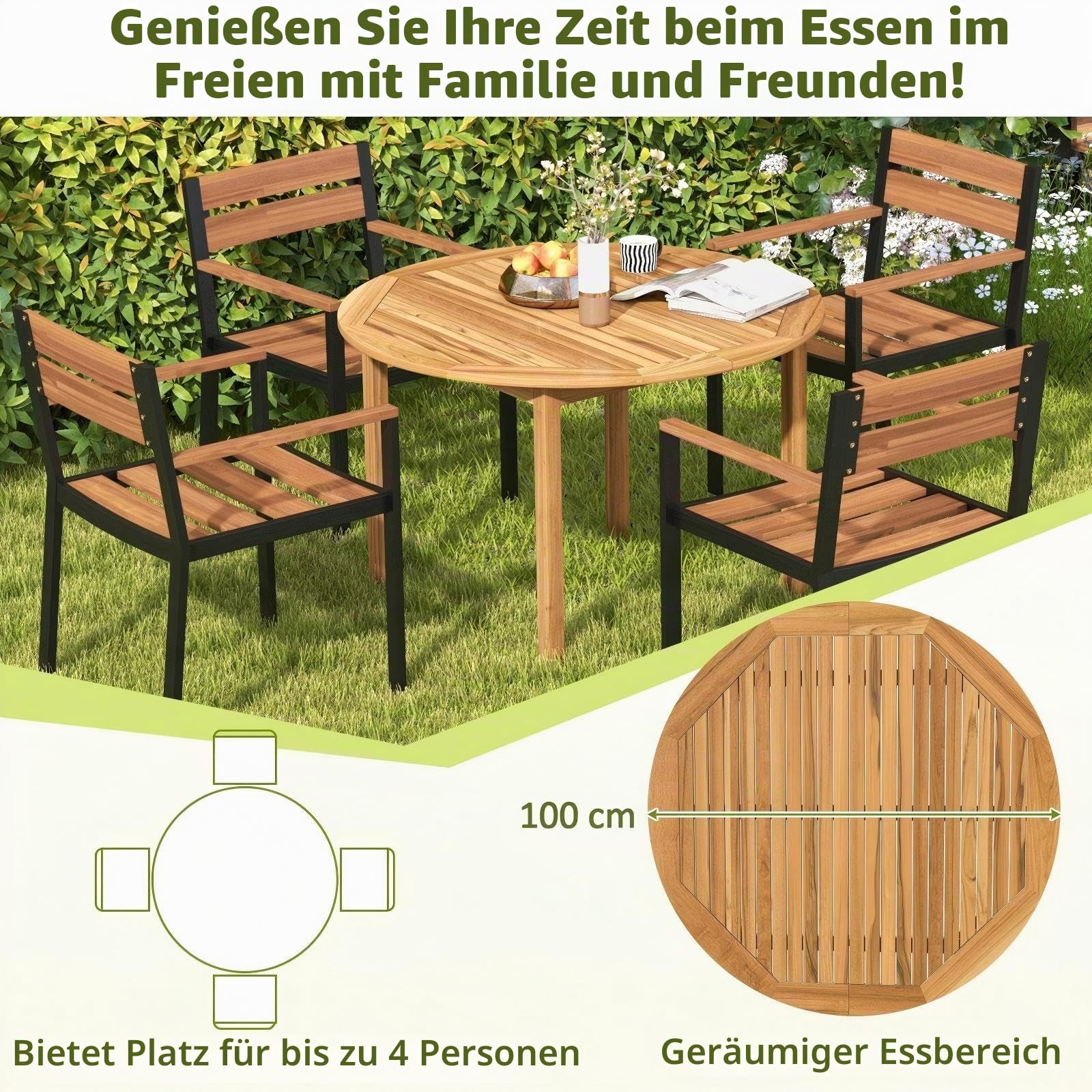 KOMFOTTEU Gartentisch aus Akazienholz, Esstisch Ø 100 cm für 4 Personen, Holztisch rund wetterfest, Terrassentisch für Hof, Terrasse, Rasen